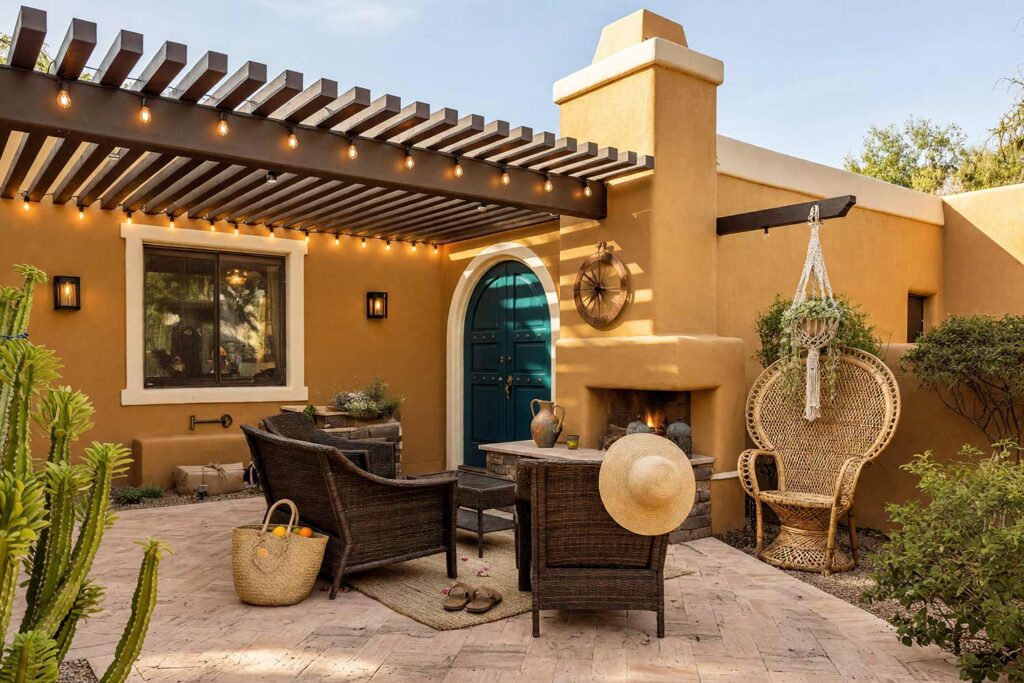 Bohemian Courtyard Entry with Golden Ochre Walls Cream Trim and Deep Teal Door-7, bohemian sun court exterior courtyard paint colors golden ochre walls cream trim deep teal door. This Scottsdale entry sanctuary pairs matte mineral golden ochre plaster with a semi-gloss deep teal door and cream trim. Styled with a rattan peacock chair, hand-knotted jute rug, macramé plant hangers, and honey-toned string lights under dramatic golden-hour sunlight. entry courtyard paint colors, courtyard stucco paint colors, courtyard door color ideas, walled courtyard color schemes, outdoor courtyard color palette