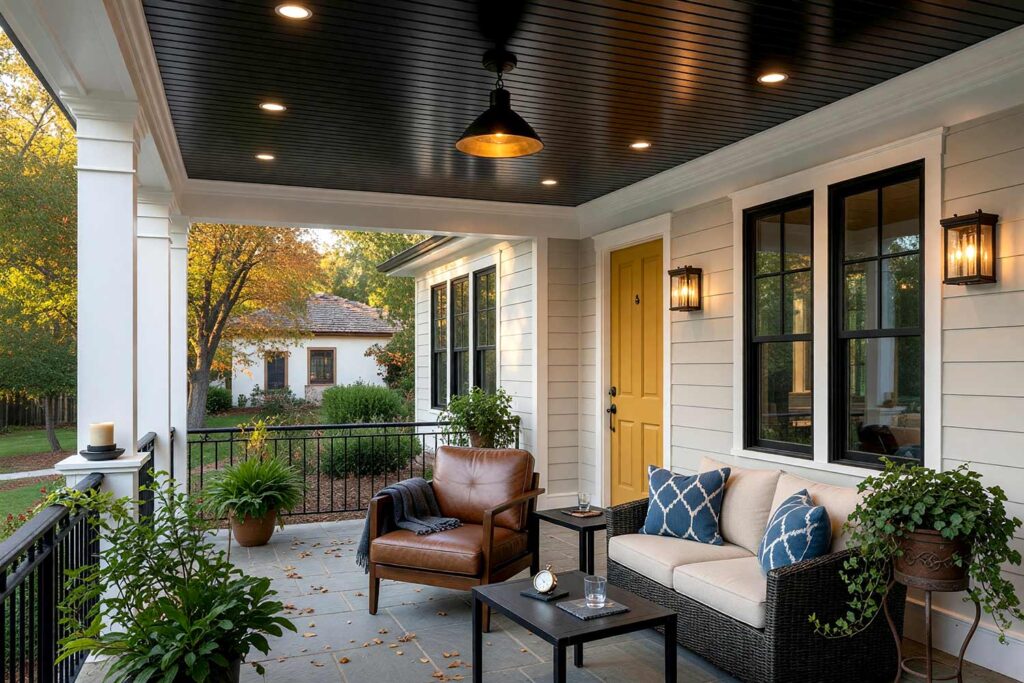 Dramatic Entry Porch Ceiling with Black Beadboard White Rafters and Yellow Door-11, covered patio ceiling paint black beadboard bright white rafters light greige siding. At a custom residence in a Scottsdale neighborhood, this covered veranda features a semi-gloss black beadboard ceiling framed by bright white rafters and matte light greige siding. A brass-accented pendant, theatrical drapes, and a mustard yellow door deliver dramatic curb appeal. Dynamic late-afternoon sunlight casts deep shadows and glowing highlights overhead. porch ceiling paint ideas, patio ceiling color ideas, painted patio ceiling, striped porch ceiling, black porch ceiling, exterior ceiling paint colors, Southern porch ceiling colors, desert porch ceiling colors