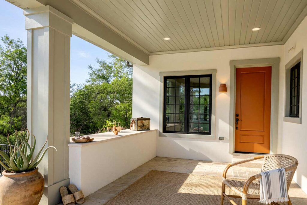 Entry Patio Ceiling with Soft Sage Ceiling Light Greige Beams and Rust Orange Door-3, covered patio ceiling paint soft sage desert oasis light greige beams rust orange door. Situated at an exclusive Scottsdale estate, this covered patio features a semi-gloss soft sage ceiling framed by light greige posts and matte warm white stucco. Rattan seating, raw clay pottery, and a vibrant rust orange door deliver authentic desert oasis curb appeal. Dynamic late-afternoon lighting sculpts deep shadows across the overhead millwork. porch ceiling paint ideas, patio ceiling color ideas, painted patio ceiling, striped porch ceiling, black porch ceiling, exterior ceiling paint colors, Southern porch ceiling colors, desert porch ceiling colors