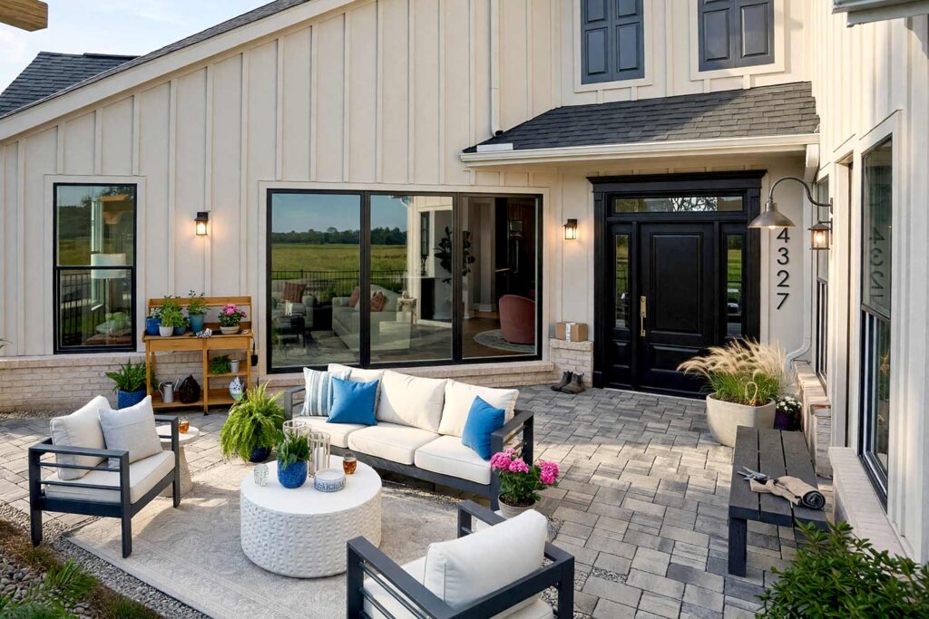 Farmhouse Courtyard with Warm Greige Walls White Trim and Black Accents-5, modern farmhouse exterior courtyard paint colors warm greige walls chalk white caps soft black door gate. This Scottsdale courtyard pairs matte mineral warm greige stucco with a semi-gloss soft black door, gate, and chalk white wall caps. Staged with a concrete grass trough, slim wood bench, black house numbers, and dramatic late-afternoon golden hour shadows. entry courtyard paint colors, courtyard stucco paint colors, courtyard door color ideas, walled courtyard color schemes, outdoor courtyard color palette