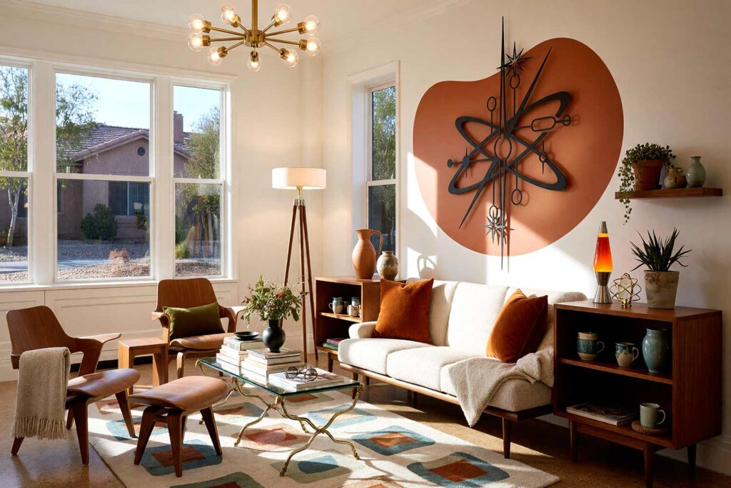 Futuristic Mid-Century Modern Living Room with Terracotta Kidney Bean Accent-9, mid-century modern living room linen white walls terracotta accent blob painting for wall sculptures bone white trim cork flooring. An optimistic 1960s space-age retreat in a Scottsdale neighborhood featuring an iconic atomic starburst metal sculpture mounted against a bold painted kidney shape, a rich teak sideboard, and a classic saucer tripod lamp. Dynamic lighting and warm cork flooring unite the artful composition for high-end lounging and inspired entertaining. painting for wall sculptures, metal wall art paint ideas, paint backdrop for metal wall hanging, extending wall art with paint, painting behind wall sculptures, paint ideas for metal wall art, wall color for metal wall sculptures, accent wall paint for metal art