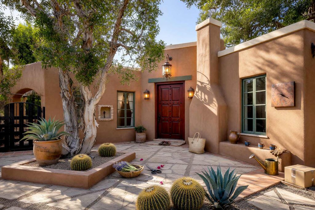 Hacienda Courtyard with Sun-Baked Adobe Walls and Soft Cream Caps and Oxblood Door-3, southwestern hacienda exterior courtyard paint colors sun-baked adobe walls soft cream caps oxblood door. This Scottsdale courtyard pairs matte mineral sun-baked adobe plaster with a semi-gloss oxblood entry door, soft black iron gate, and soft cream wall caps. Staged with hand-thrown agave pots, an artisan sundial, and glowing lantern light at golden hour. exterior courtyard paint colors, painting outdoor courtyard, enclosed courtyard color schemes, front courtyard painting ideas, front courtyard color ideas, courtyard wall paint colors