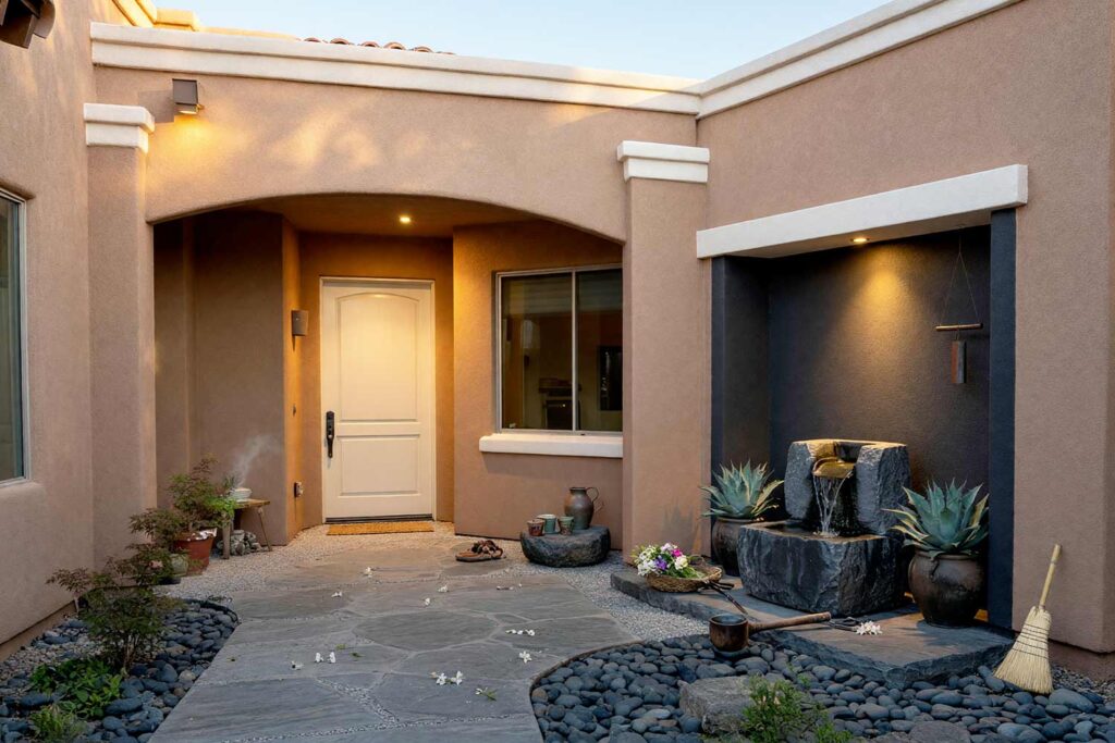 Japandi Courtyard with Warm Oat Walls and Charcoal Niche and White Caps-7, japandi exterior courtyard paint colors warm oat walls slate charcoal accent niche cloud white cap. This minimalist Scottsdale entry sanctuary combines matte warm oat plaster with a dramatic slate charcoal niche and cloud white coping. Complete with a basalt fountain, potted blue agave, and intense golden hour shadows for a tranquil welcome room. exterior courtyard paint colors, painting outdoor courtyard, enclosed courtyard color schemes, front courtyard painting ideas, front courtyard color ideas, courtyard wall paint colors