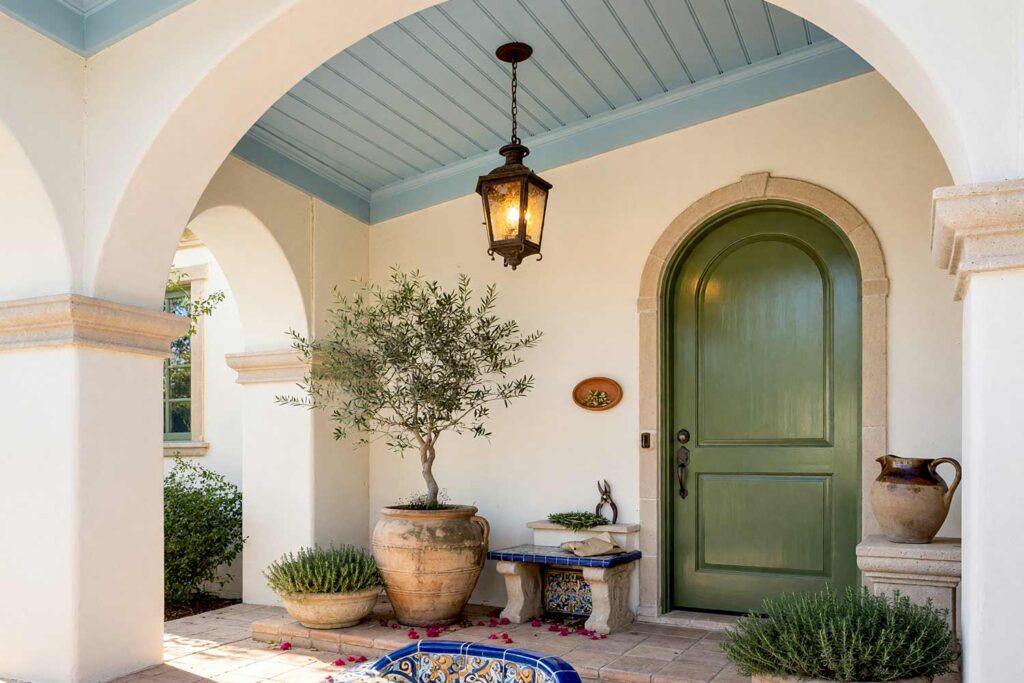 Mediterranean Courtyard Entry Ceiling with Blue Ceiling and Ivory Arches and Olive Green Door, mediterranean courtyard porch ceiling ideas pale sky blue sand stucco ivory arches olive green door. Situated at a luxury Scottsdale villa, this covered entry features a semi-gloss pale sky blue ceiling framed by ivory arches and matte sand stucco. A wrought-iron pendant lantern, potted olive tree, and tile accents evoke Mediterranean romance. Dynamic late-afternoon golden hour lighting sculpts deep shadows across the overhead millwork. porch ceiling paint ideas, patio ceiling color ideas, painted patio ceiling, striped porch ceiling, black porch ceiling, exterior ceiling paint colors, Southern porch ceiling colors, desert porch ceiling colors