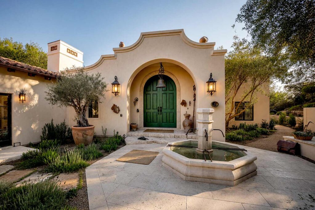 Mission Revival Courtyard with Sandstone Tan Walls Cream Trim and Green Accent-3, mission revival exterior courtyard paint colors sandstone tan stucco warm cream arch trim deep pine door. This Scottsdale entry sanctuary balances earthy matte sandstone tan walls with semi-gloss deep pine millwork and warm cream accents. Complete with an antique bronze bell, a gnarled olive in terracotta, and late-afternoon golden hour shadows for timeless curb appeal. exterior courtyard paint colors, painting outdoor courtyard, enclosed courtyard color schemes, front courtyard painting ideas, front courtyard color ideas, courtyard wall paint colors