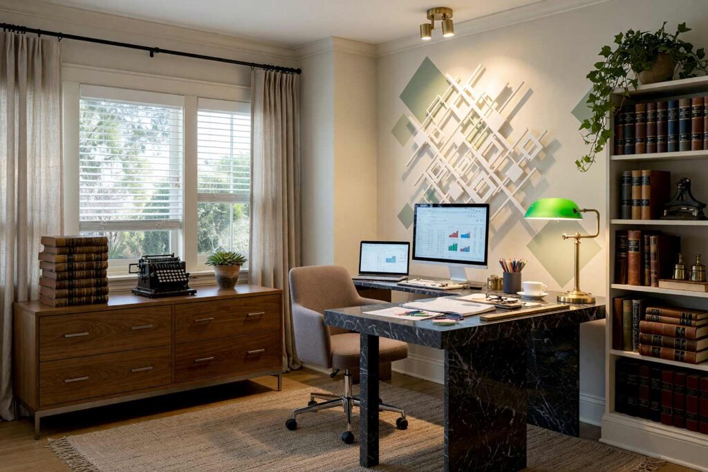 Retro Home Office with Oatmeal Walls and Pale Celadon Diamonds with Sculpture-6, retro data home office oatmeal walls pale celadon diamonds butter cream accents ecru trim soft white ceiling hardwood flooring painting for wall sculptures. An inspiring workspace in a Scottsdale neighborhood featuring a veined black marble desk, vintage adding machine, antique leather-bound ledgers, and a textured jute rug. The scattered pale celadon and butter cream painted diamonds drift across oatmeal walls to extend the white geometric metal sculpture into a spreadsheet in flight. Intense directional sunlight and bright task lighting highlight shiny ecru woodwork and create high-contrast shadows. paint treatments for metal wall hangings, painted wall graphics for metal art, wall paint design behind metal sculpture, creative paint ideas for wall sculptures, painting an accent wall behind wall art, painted backdrop for wall sculpture