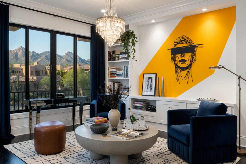 Salon with White Walls and Marigold Diagonal Stripe with Black Metal Face Wall Sculpture-2, theatrical penthouse salon snow white walls marigold diagonal stripe pearl white trim soft white ceiling ebonized oak flooring painting for wall sculptures. A dramatic after-party penthouse in a Scottsdale neighborhood featuring a navy velvet armchair, rust leather ottoman, rounded concrete table, and crystal chandelier. A saturated marigold painted parallelogram cuts across snow white walls to showcase an anonymous black line-art face sculpture. Raking sunlight and glittering crystal lights illuminate shiny pearl white trim and dark ebonized oak floors with high-contrast drama. paint treatments for metal wall hangings, painted wall graphics for metal art, wall paint design behind metal sculpture, creative paint ideas for wall sculptures, painting an accent wall behind wall art, painted backdrop for wall sculpture