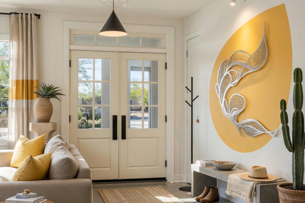 Southwestern Entry with White Walls and Honey Yellow Accent and Wall Sculpture-8-FEATURE, southwestern minimal entry chalk white walls honey yellow teardrop painting for wall sculptures pale cream trim concrete floor. A breath of fresh air in a Scottsdale neighborhood featuring a silver-white contour feather sculpture framed by a giant honey yellow painted teardrop. Outfitted with a poured-concrete bench, tall saguaro cactus in terracotta, raw clay vessels, and polished concrete floors, this foyer establishes a calm Southwestern aesthetic. painting for wall sculptures, metal wall art paint ideas, paint backdrop for metal wall hanging, extending wall art with paint, painting behind wall sculptures, paint ideas for metal wall art, wall color for metal wall sculptures, accent wall paint for metal art