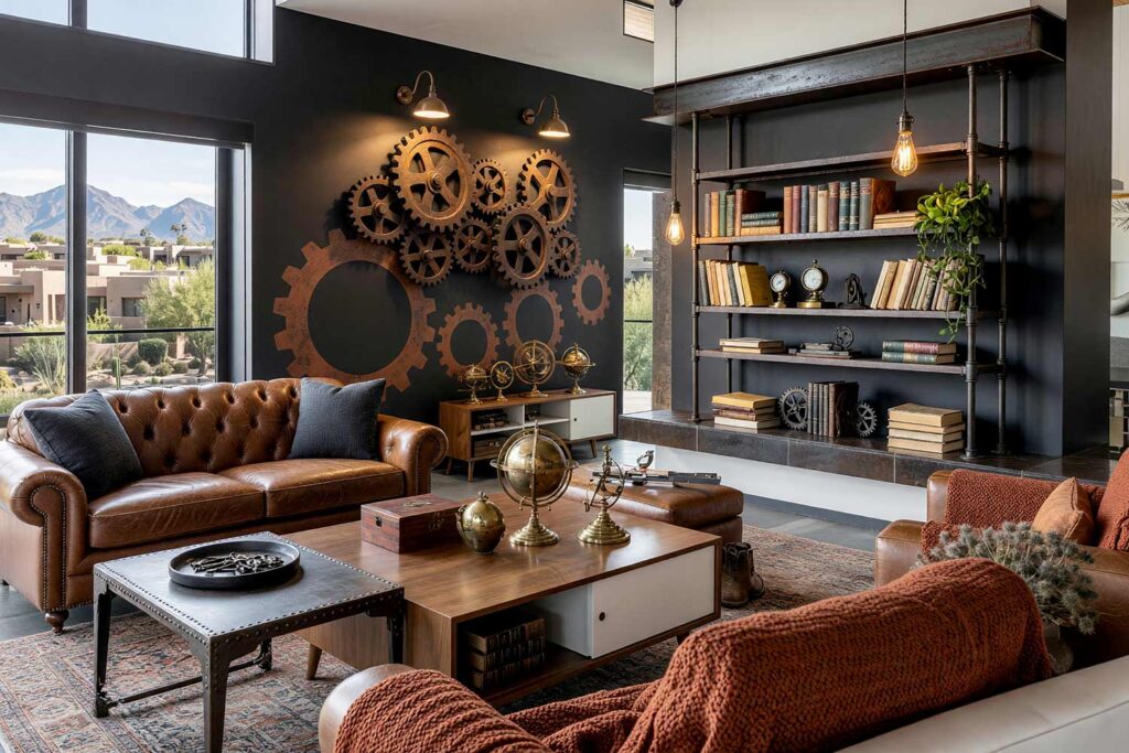 Steampunk Industrial Living Room with Charcoal Walls and Burnt Sienna Gears and Wall Sculpture-10, steampunk industrial living room deep charcoal walls burnt sienna gear silhouettes soft white ceiling smoke gray trim dark concrete flooring painting for wall sculptures. A moody entertaining lounge in a Scottsdale neighborhood featuring a cognac leather Chesterfield sofa, a low walnut credenza, brass astrolabes, and Edison bulb pendants. The deep charcoal accent wall is enriched by painted burnt sienna ring gears that expand the physical rusted gear sculpture into an intricate machine. Dynamic sunlight and glowing filament bulbs produce sharp tooth shadows across shiny smoke gray woodwork and dark concrete. paint treatments for metal wall hangings, painted wall graphics for metal art, wall paint design behind metal sculpture, creative paint ideas for wall sculptures, painting an accent wall behind wall art, painted backdrop for wall sculpture