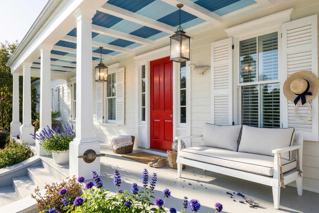 Striped Porch Ceiling with Two-Tone Haint Blue with Bright White Beams and Poppy Red Door-5, coastal cottage porch ceiling ideas triple stripe haint blue soft cream siding poppy red door. At a custom Scottsdale residence, this veranda features a semi-gloss ceiling painted in pale, medium, and deep haint blue awning stripes against matte soft cream siding. Brushed nickel lanterns, crisp linen swing cushions, and blooming salvia evoke timeless Hamptons charm. Dramatic golden hour light sculpts deep, high-contrast shadows across the overhead millwork. porch ceiling ideas, painted porch ceiling ideas, haint blue porch ceiling, front porch ceiling paint colors, covered patio ceiling paint, blue porch ceiling, haint blue paint colors
