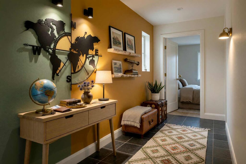 Wanderlust Gallery Hallway with Split Green and Ochre Walls and Map Sculpture-2, modern wanderlust gallery hallway lichen green warm ochre split walls soft white ceiling bone white trim dark slate tile flooring painting for wall sculptures. A striking gallery passage in a Scottsdale neighborhood featuring a Scandinavian console table, stacked antique leather suitcases, a brass globe, and framed vintage postcards. The vertical two-tone paint split in lichen green and warm ochre aligns seamlessly with the north-south axis of a black laser-cut metal world map sculpture. Sharp raking sunlight illuminates shiny bone white trim and dark slate floors with dramatic contrast. paint treatments for metal wall hangings, painted wall graphics for metal art, wall paint design behind metal sculpture, creative paint ideas for wall sculptures, painting an accent wall behind wall art, painted backdrop for wall sculpture