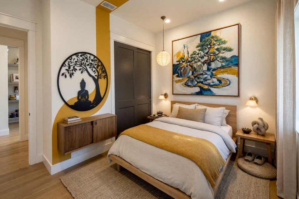 Zen Sanctuary Bedroom with Turmeric S-Curve Band Around Wall Sculpture-8, zen sanctuary bedroom rice paper white walls turmeric curved band soft white ceiling pale ecru trim natural bamboo flooring painting for wall sculptures. A restorative master suite in a Scottsdale neighborhood featuring a low platform bed, a floating walnut cabinet, an organic knotted ceramic vase, and smooth river stones. The wide turmeric painted S-curve sweeps behind a black Buddha and tree of life sculpture against rice paper white walls and continues across the ceiling. Powerful natural daylight cuts dramatic branch shadows across shiny pale ecru woodwork and bamboo floors. paint treatments for metal wall hangings, painted wall graphics for metal art, wall paint design behind metal sculpture, creative paint ideas for wall sculptures, painting an accent wall behind wall art, painted backdrop for wall sculpture